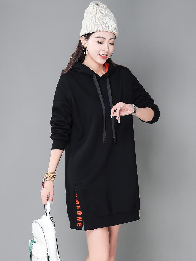 Women's Fleece-Lined Hooded Sweatshirt Dress, Contrasting Colors, Embroidered, Plus Size, Autumn/Winter 2025, Mid-Length, Thickened, Loose Fit.