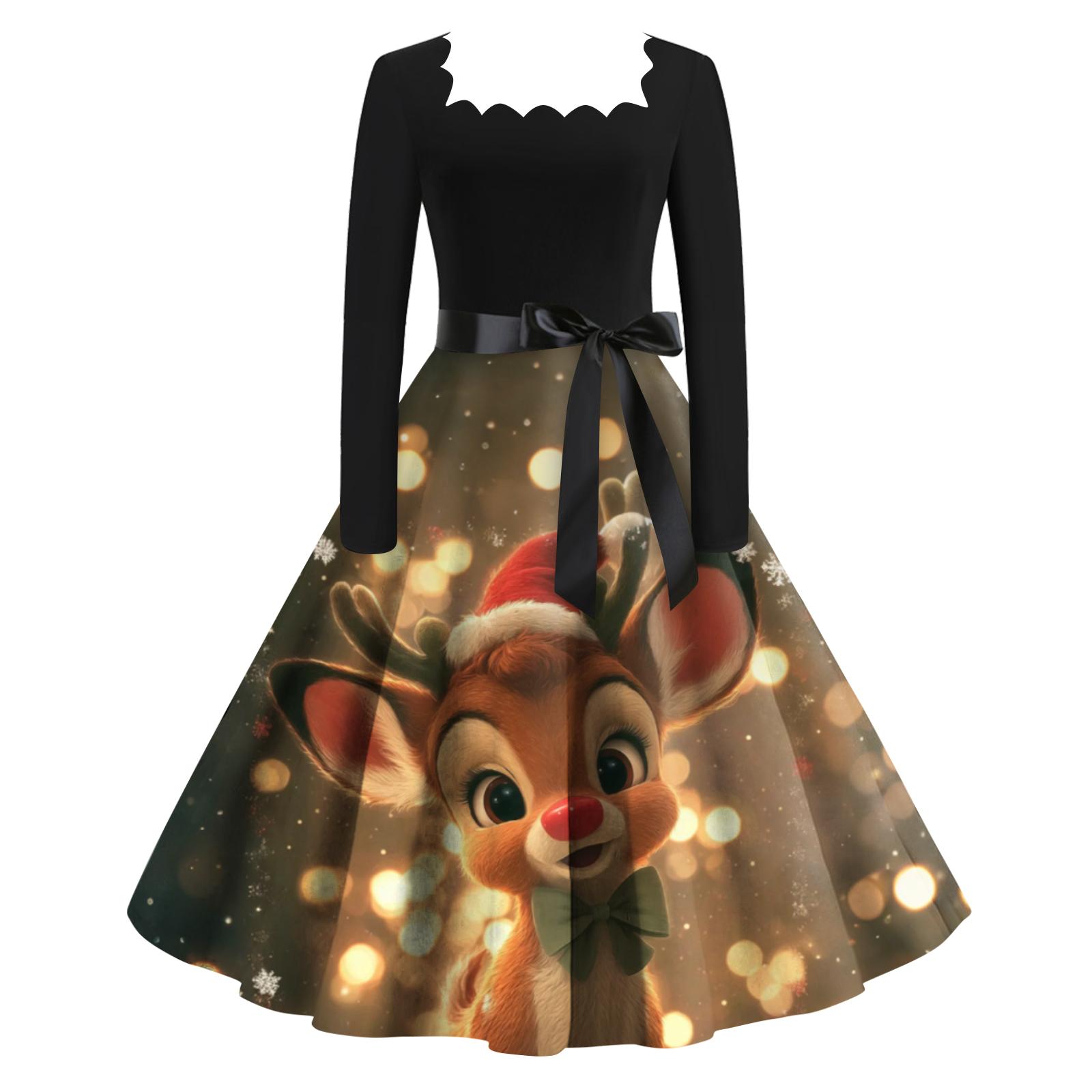 

Женское модное ретро вечернее платье с длинным рукавом, квадратным вырезом и рождественским принтом XXL оранжевый