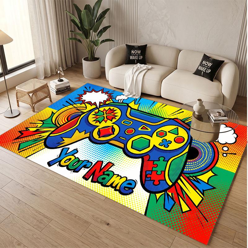 Game Controller Theme Soft Crystal Velvet Rug Custom Name & Text Print Non Slip Floor Rug for Bedroom Living Room