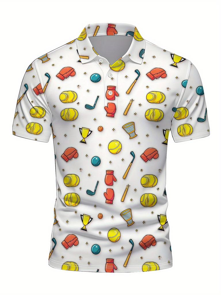 Men's Short Sleeve Polo Shirt with Flat Digital Print Pattern - No Texture