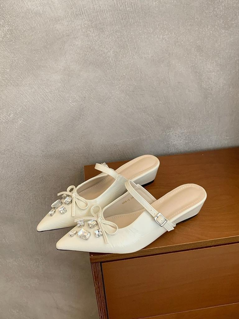 Fashion Hot Selling 2025 Elegant Butterfly Knot Water Diamond Head Cover Half Slippers Women Summer Skirts Slope Heel Fairy Slippers