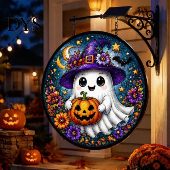 Entryway Holiday Decor Solar Halloween LED Hanging Sign Light, Outdoor Waterproof Lighted Handcrafted Resin Signs for Porch Yard Garden Halloweens