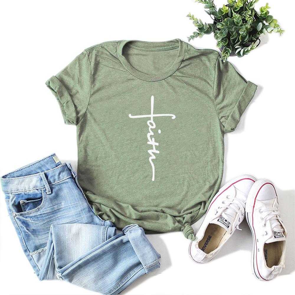 Summer Round Neck Heart-shaped Letter Faith Printed Top Fashionable Casual Pure Cotton Short Sleeved Women's T-shirt