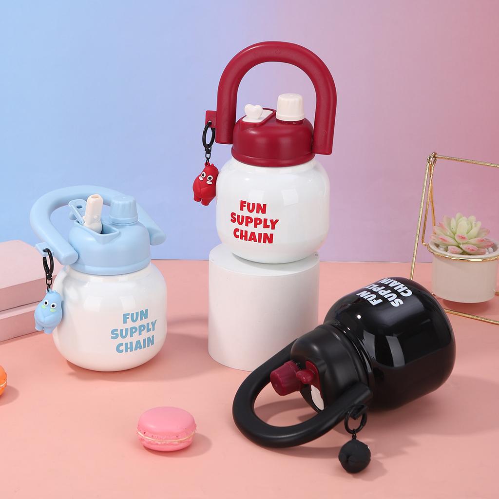 New High Appearance Level Stainless Steel Thermos Cup Cute Double Drink Carrying Pot Outdoor Portable Cup with Straw