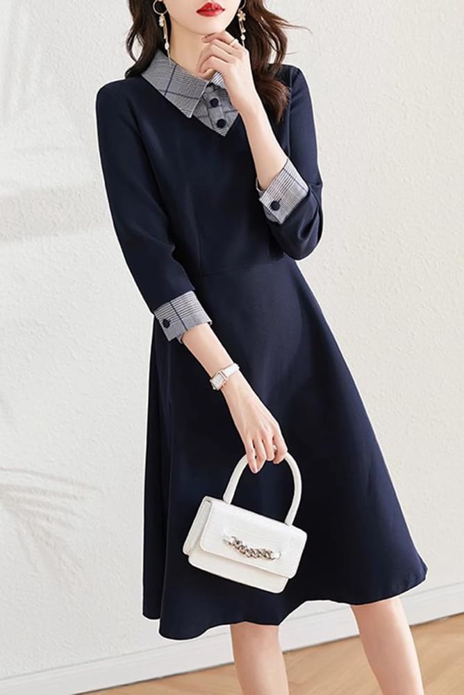 Chubikime Shirt Long Midi Faux Layered Spring Women's Dress, Sleeve, Length, A-Line, Layered, Turn-Down Collar, Look, Stylish, Slimming, Fall, Winter,