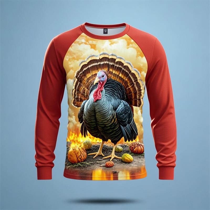 Turkey Pattern 3D Digital Printing Men's Fashion Trend Round Neck Long Sleeved T-shirt