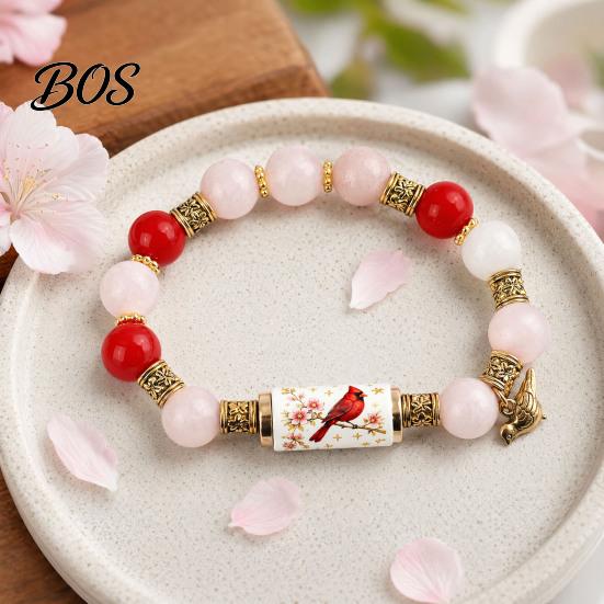 Comfortable Bracelet Blessing Birds with Premium Gift Box, Pink Cherry Blossom Multicolor Beads Elastic Design, Bee Hummingbird Bracelets for