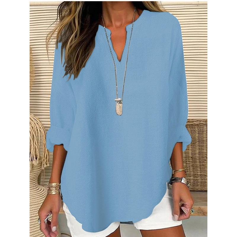 JPNTKY Women's Fashion Casual Solid Color Print V-Neck Long Sleeve Blouses & Shirts