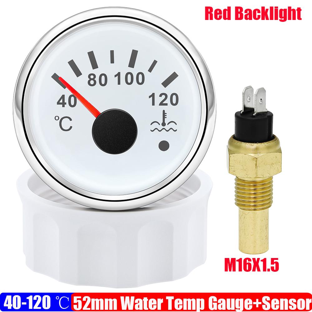 40~120 Celsius 52mm Water Temperature Gauge+Sensor with Flash Alarm Waterproof Red Light Water Temp Meter for Car Boat 12V 24V