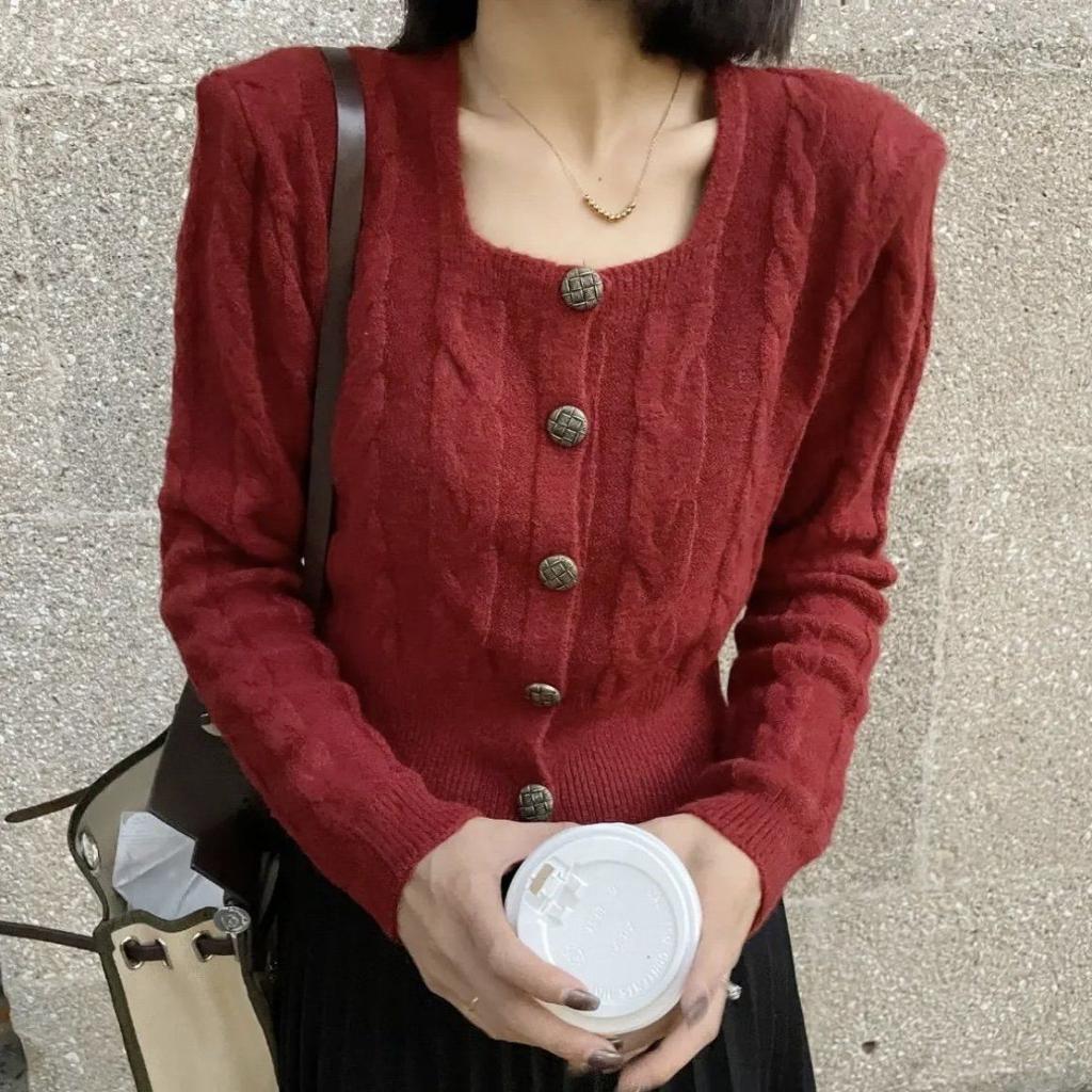 Short Sweater Cardigan Female Spring New Vintage Style Square Neck Single Breasted Knitted Cardigan Sweater Coat
