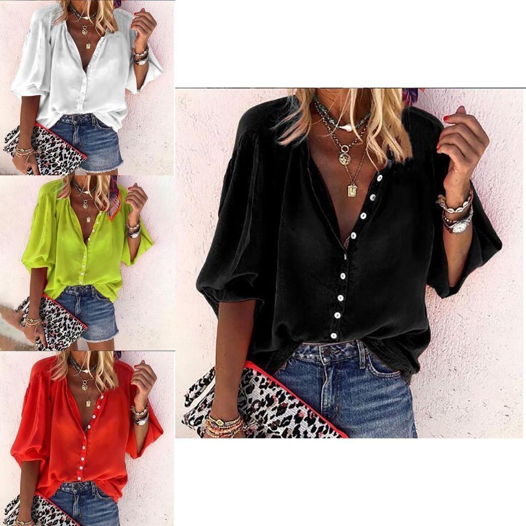 Elegante Top Camicia da Donna a Manica 3/4 Comodo Vestibilità Larga Camicetta Bottoni T-shirt