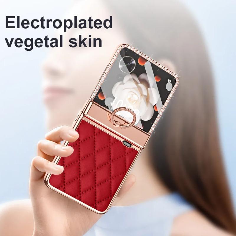 Galvanisiertes Lederetui mit Fingerringhalter für Honor Magic V Flip. Luxuriöse Linsenschutzbeschichtung mit Diamanten für Honor MagicV Flip LRA-AN00