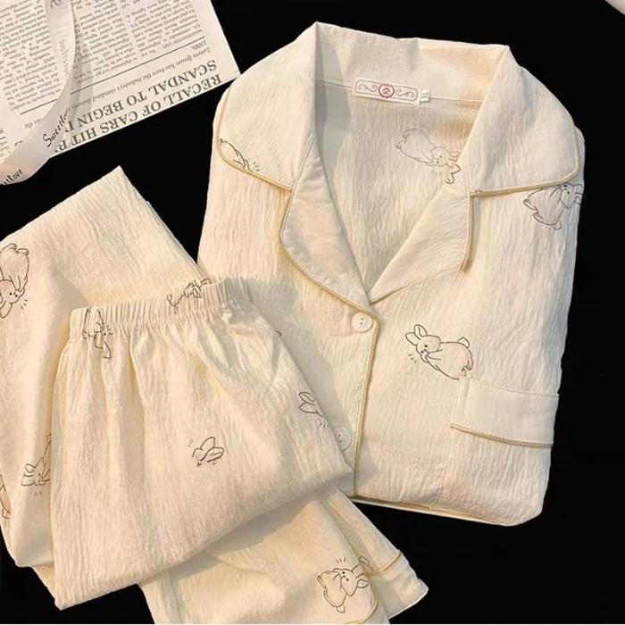 Cherry Print Two-piece Pajamas Set Autumn Imitation Cotton Pajamas Korean Style Home Wear Women's Trousers Top Set