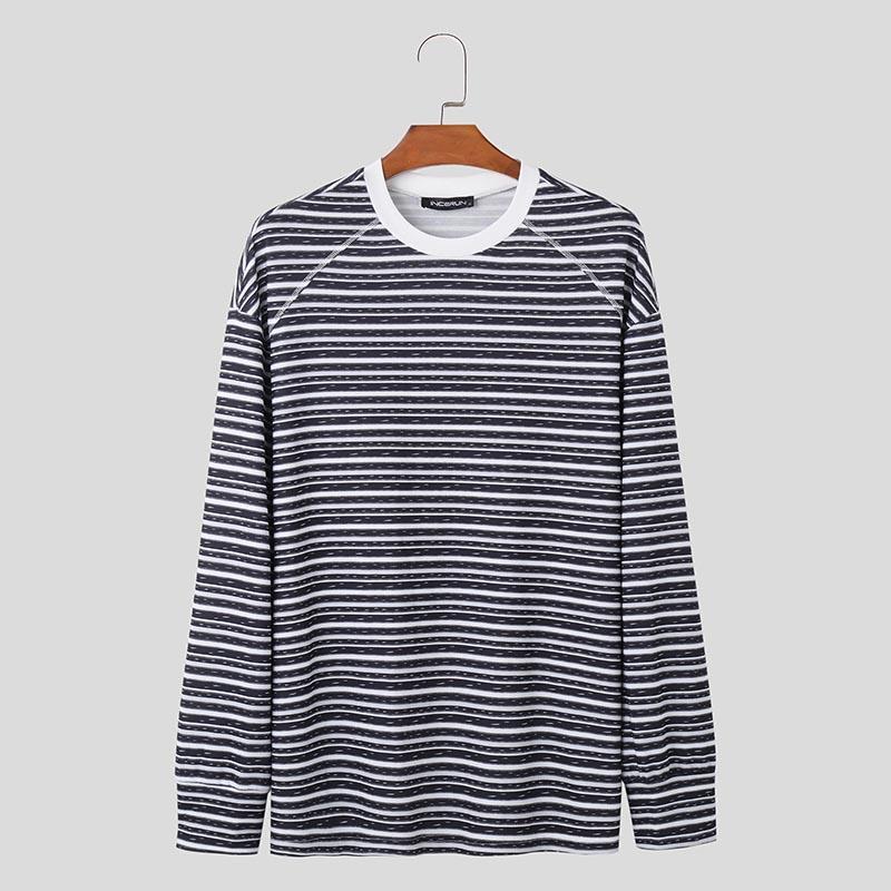 

INCERUN Осенние мужские джемперы с круглым вырезом и длинным рукавом в полоску, повседневные свободные толстовки 2XL чёрный