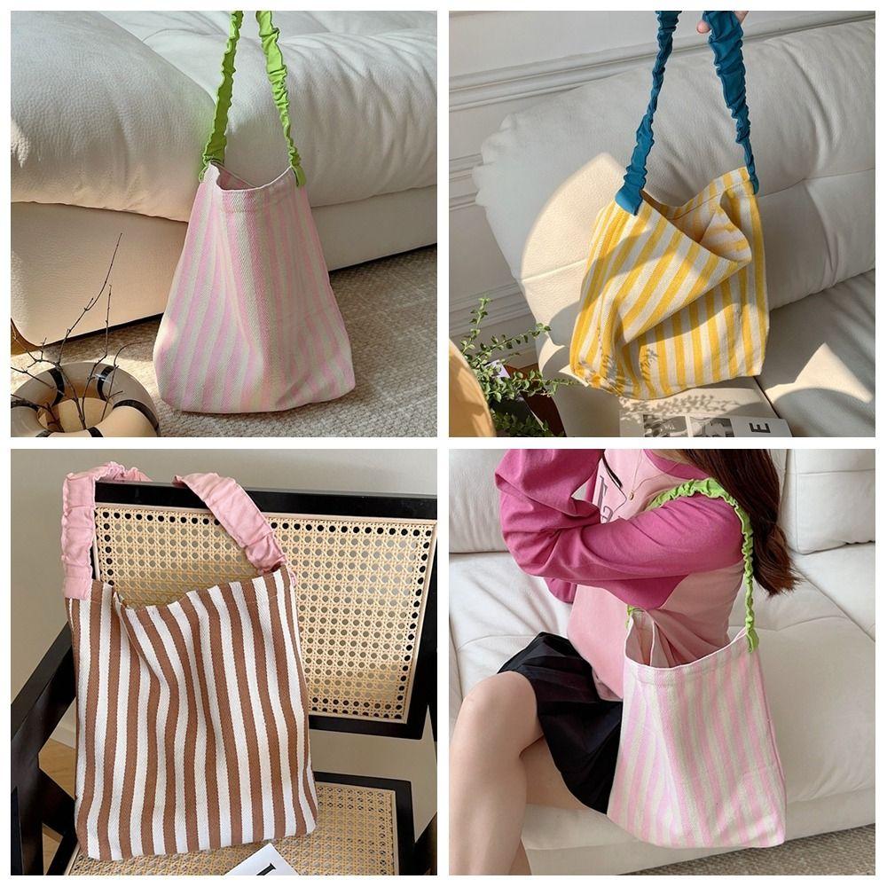 

Pleated Shoulder Strap Stripe Canvas Bag Large Capacity Cloth Shoulder Bag Casual Tote Bag Travel