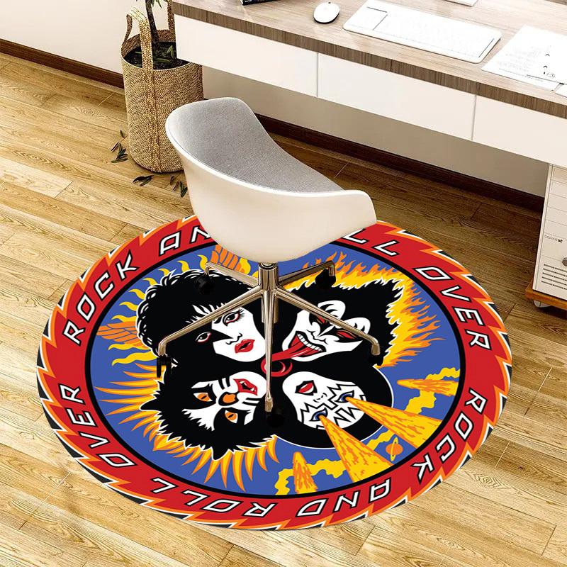 1ks kulatý koberec Rock and Roll Over Logo, Vyrobeno z polyesteru, Ideální pro zdobení kancelářských židlí, obývacích pokojů