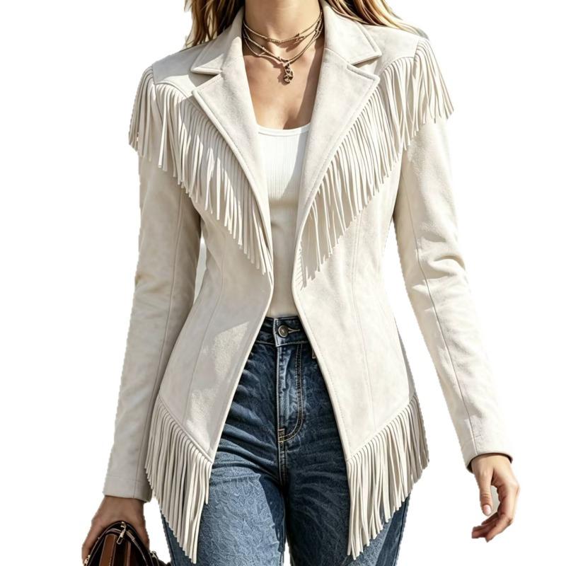 Women S Vintage Western Style Suede Fringe Long Sleeve Jacket