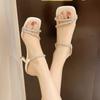 Fashion Summer New Slippers Rhinestone Silver Line with Square Head Thin Heels High Heels Sandals Wear Women Exquisite Sandals