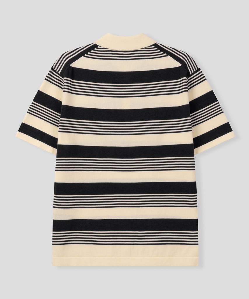 BLACK MOMENT Marine Stripe Oversized Collared Short Sleeve Knit [Black]