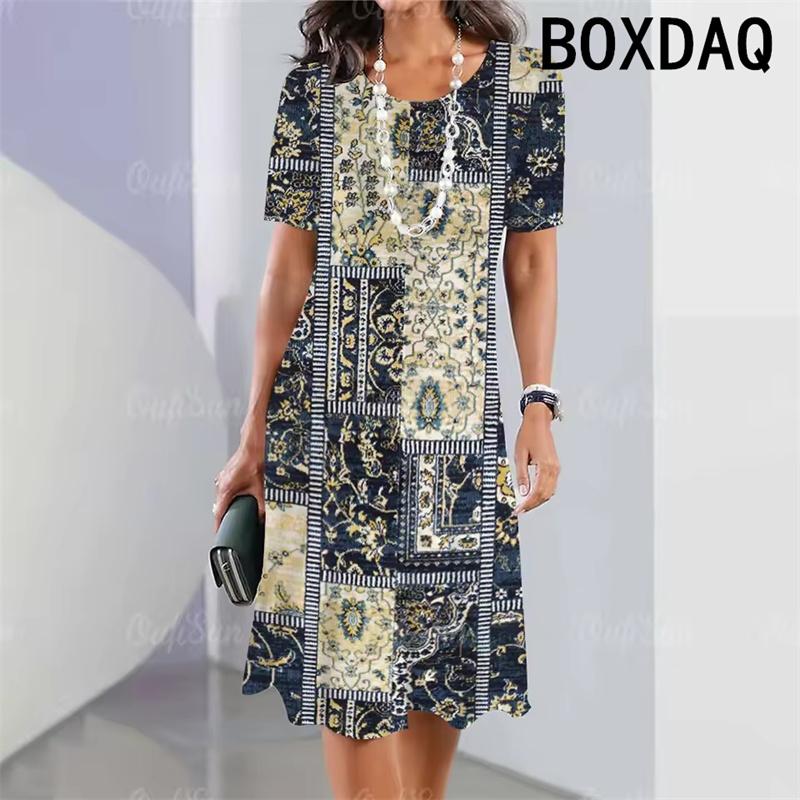 Summer Woman's Short Sleeves Dresses Geometric Pattern Print A-Line Dress 3D Retro Elegant Holiday Loose Dress Big Size Vestidos