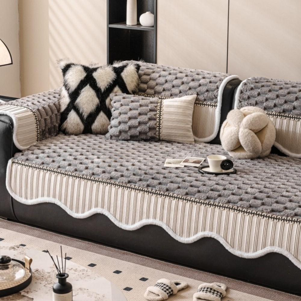 Sofa Cover Sofa Arc Edge Sofa Luxury Non-Slip Seat Soft Thicken Couch Protector Winter Patchwork Fleece Plush Sofa Cushion