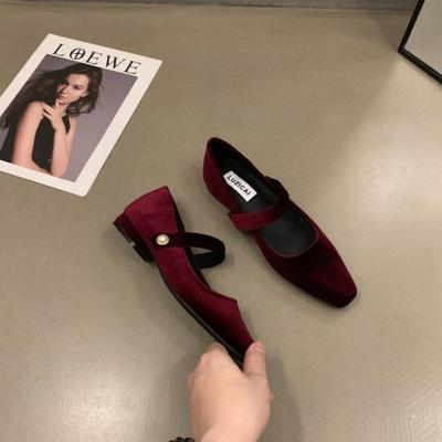 NewElegant Pearl Buckle Velour Mary Jane Shoes Woman Concise Velvet Ballet Flats Ladies Evening Party Low Heel Pumps In Wine-Red