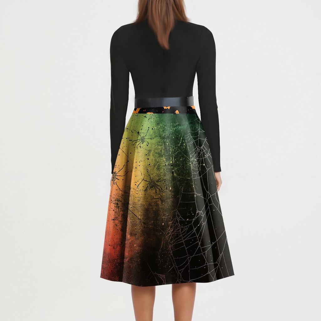 Women's Fashion V-Neck Casual Slim Fit Halloween Printed Long Sleeve Dress