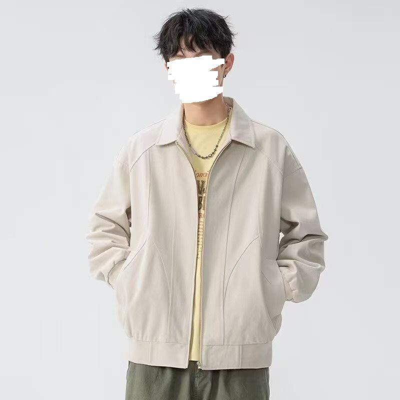 Men's American Retro Versatile Loose Jacket - Autumn Solid Color Fashion with Simple Lapel and Zipper