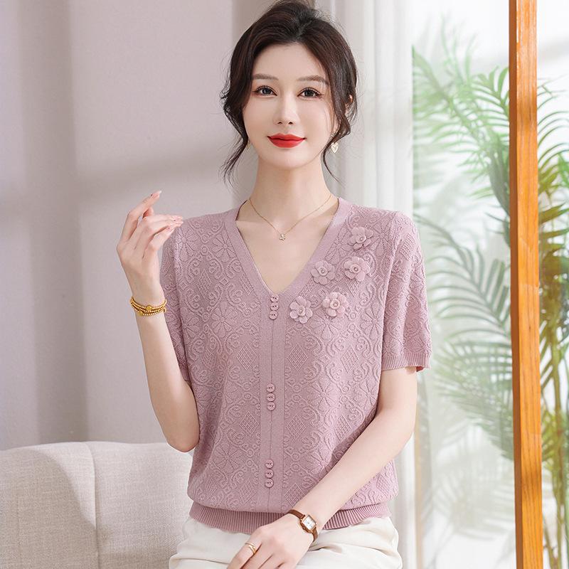 2026 Summer Ice Silk Short-Sleeve Knitted Cardigan for Middle-Aged & Elderly Women - Mother's Day Edition