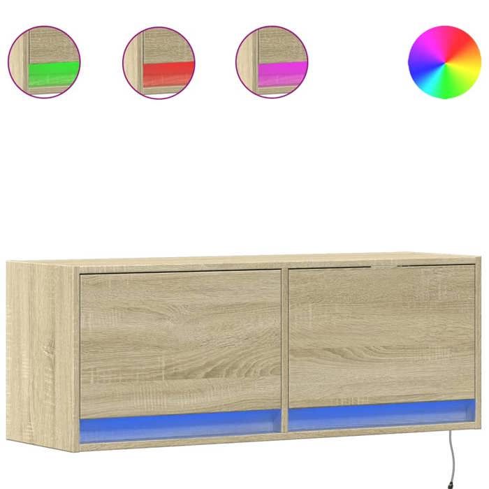 VidaXL Meuble TV mural avec lumières LED chêne sonoma 100x31x35 cm, meuble TV suspendu au mur, unité TV flottante, support 852364