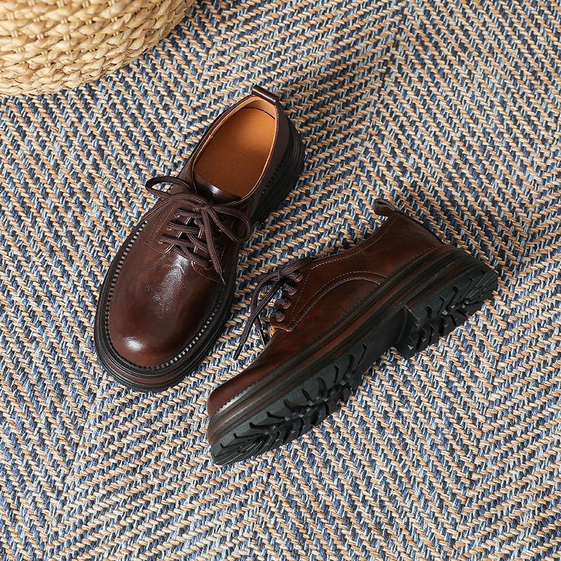 Women's 2024 Spring/Summer Retro Lace-Up Loafers - Thick Sole, Round Toe, Chunky Heel In British Style