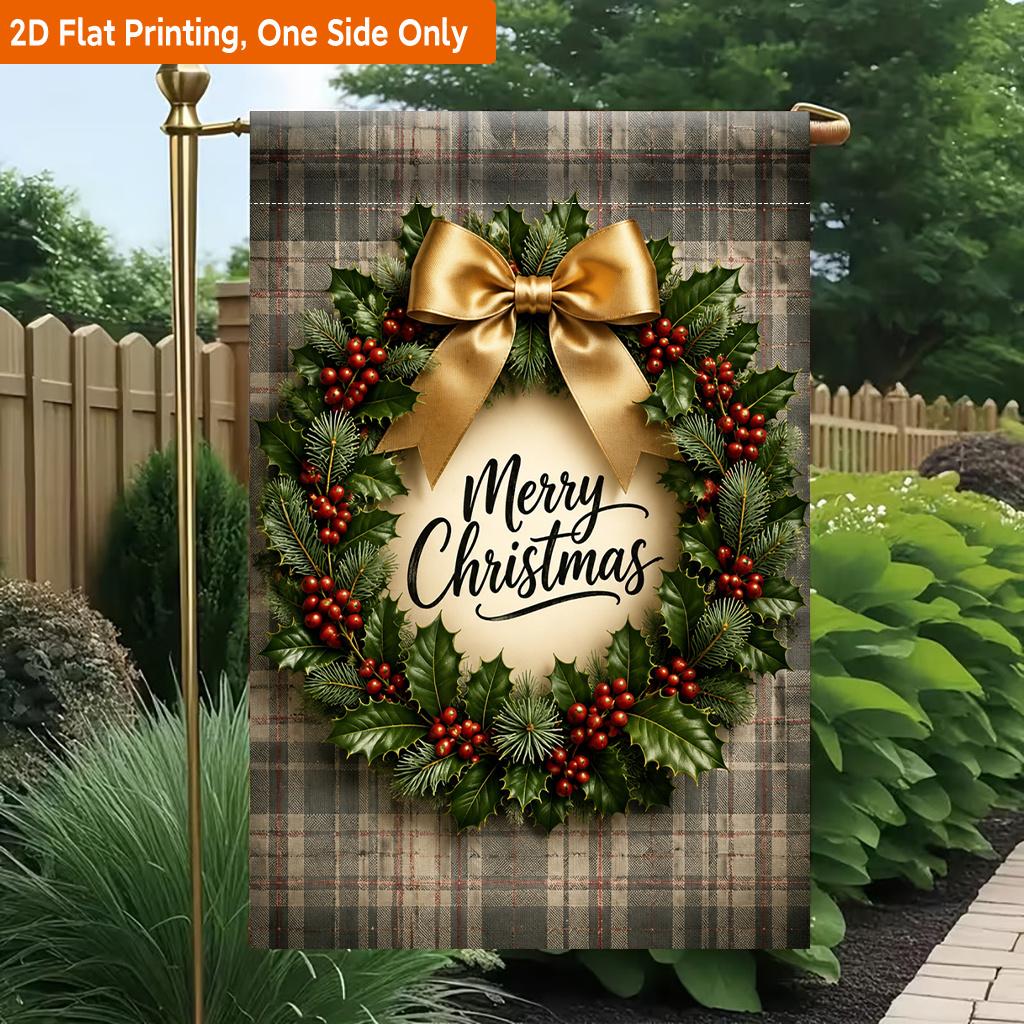 2D Flat, 2D Flat Printing Garden Flag 1pc, Decorative Golden Christmas Wreath Durable Single-Sided Print Yard Flag, Garden & Home Holiday Decoration,