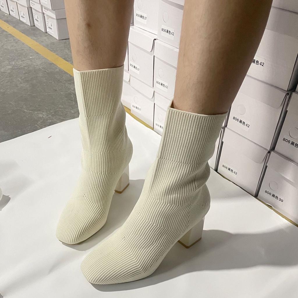 Spring Autumn Elastic Sock Ankle Boots for Women Square Toe Heeled Booties Trend 2025 Large Size Warm New In Woman Short Shoes