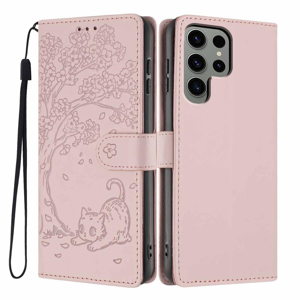 For Samsung Galaxy S24 Ultra Stand Case Tree-and-Cat Pattern PU Leather Wallet Protective Phone Cover with Wrist Strap