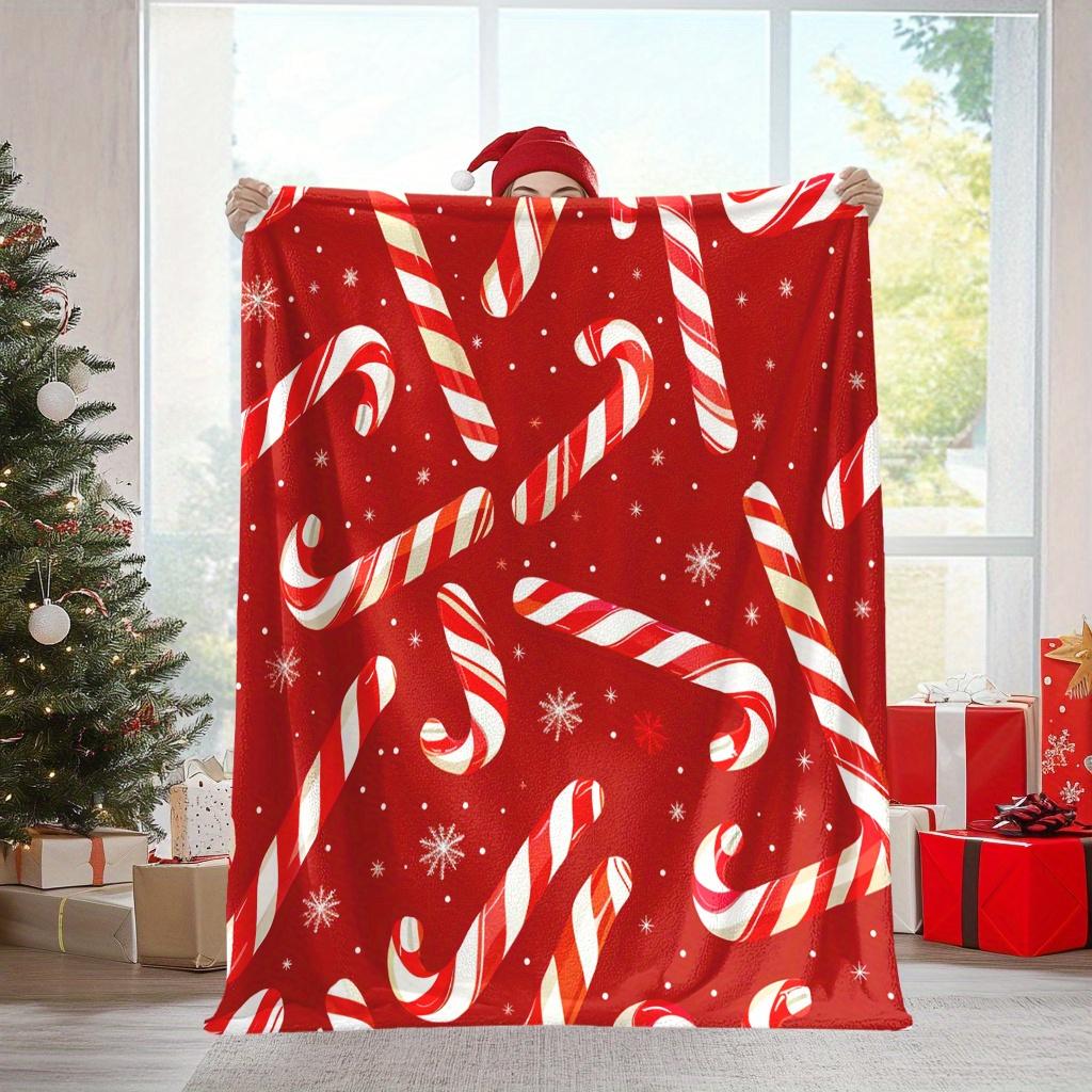 Monika Chen Unisex Red/White Christmas Candy Cane Flannel Blanket Festive Snowflake Pattern Soft Cozy Throw For Xmas Decor Couch Bed Living Room