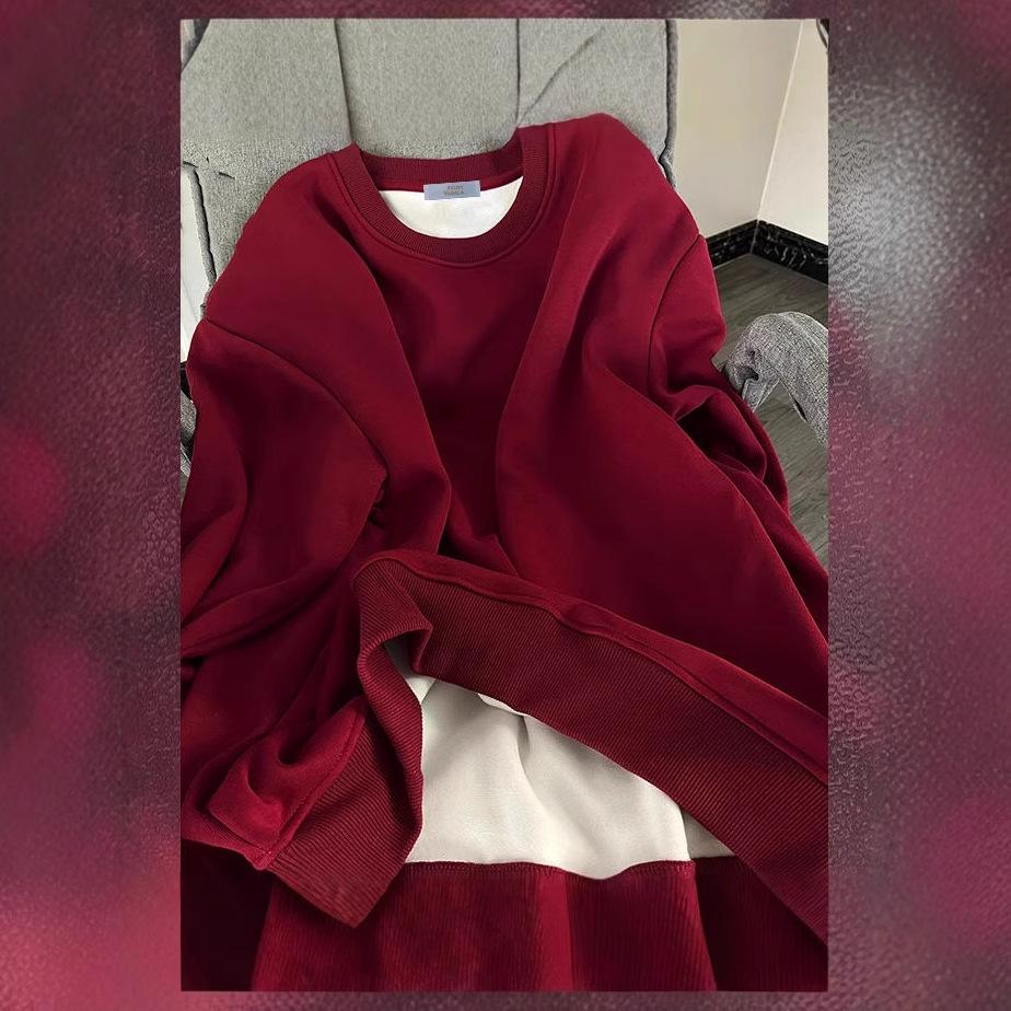 

2024 Retro American Solid Color Loose Fleece Sweatshirt - New Year Red XL