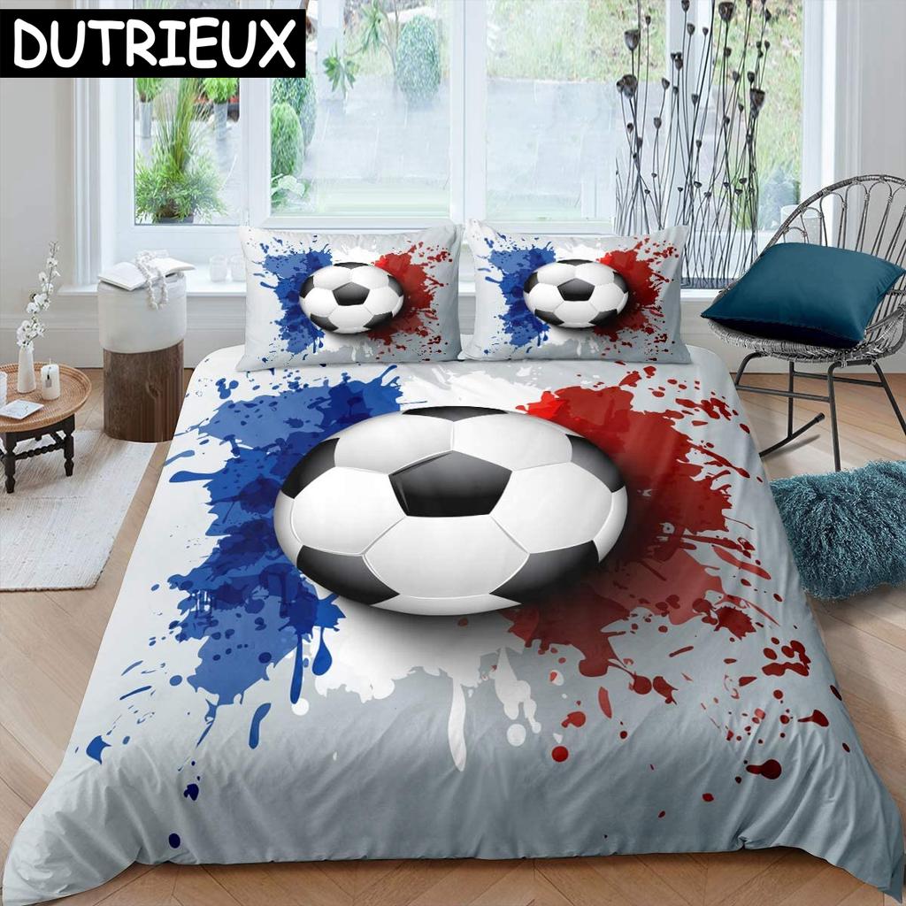 Soccer Duvet Cover Set King Queen Full Size Football Pattern Polyester Comforter Cover For Boys Teens Soccer Lover Bedding Set