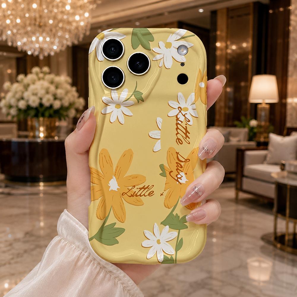 Little Daisy Cream Yellow Phone Case For iPhone 17 16 15 14 13 12 11 Pro Max Plus Wavy Edge Protective Cover