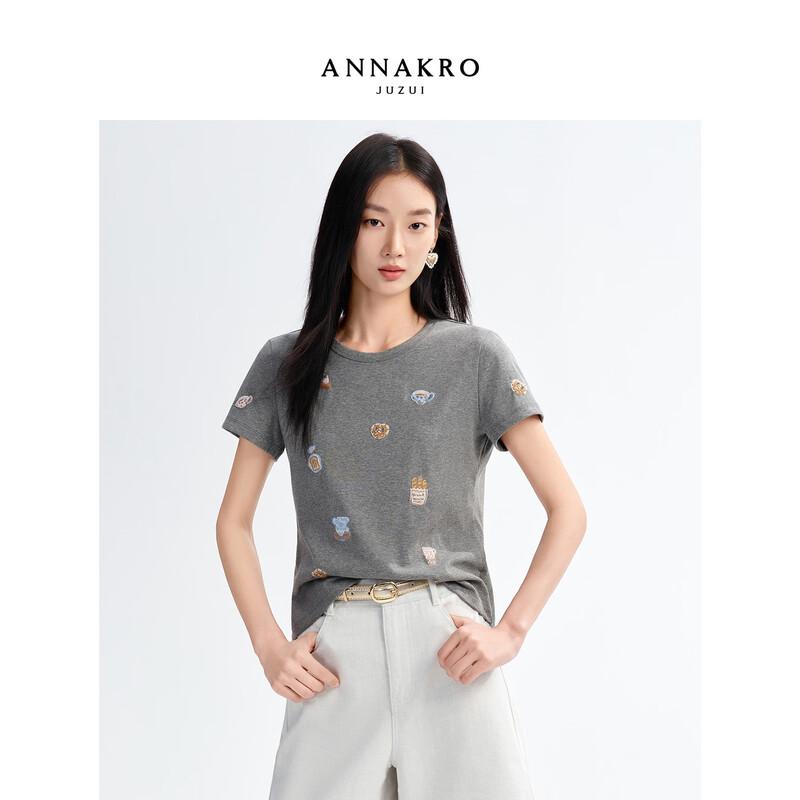 Annacole Women s Embroidered Round Neck T-Shirt M