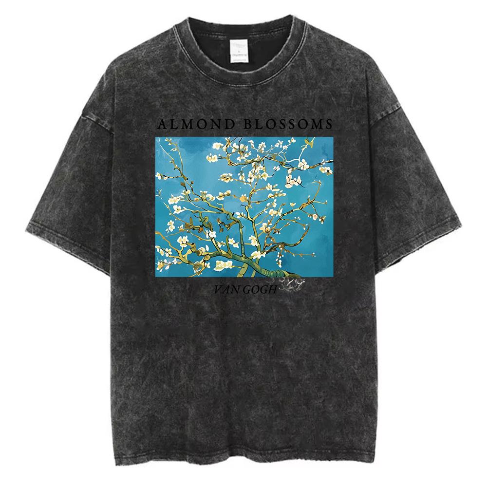 Vintage gewaschenes Baumwoll-T-Shirt Herren Vincent Van Gogh Sternennacht Sonnenblumen Grafik-T-Shirt Kunst Ästhetik Retro Säurewäsche Lockeres Oberteil