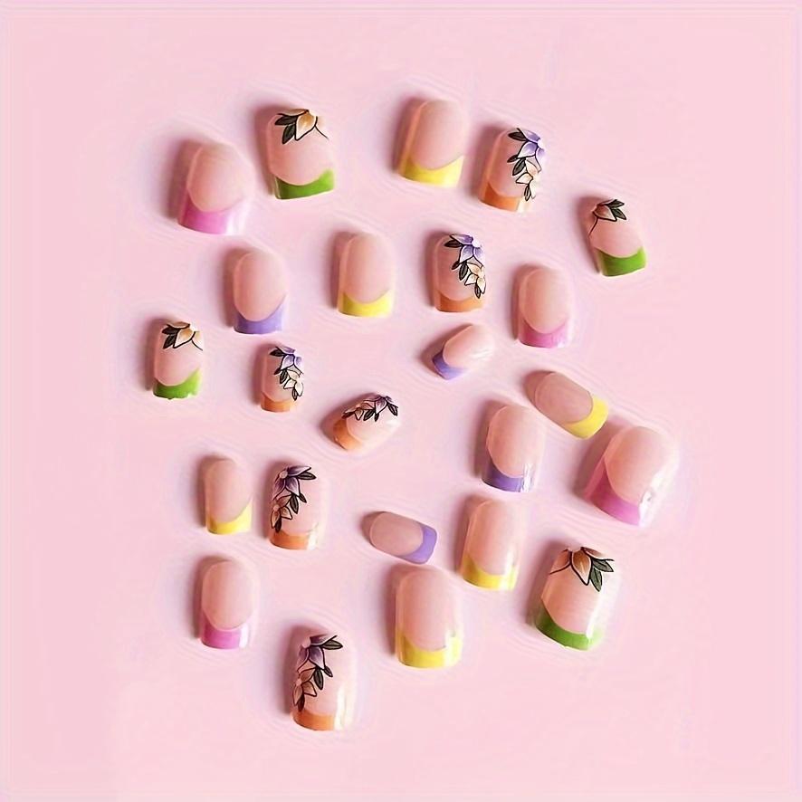 Medium Square Press On Nails French Tip Fake Nails With Summer Flower Design, Full Cover False Nails For Women And Girls