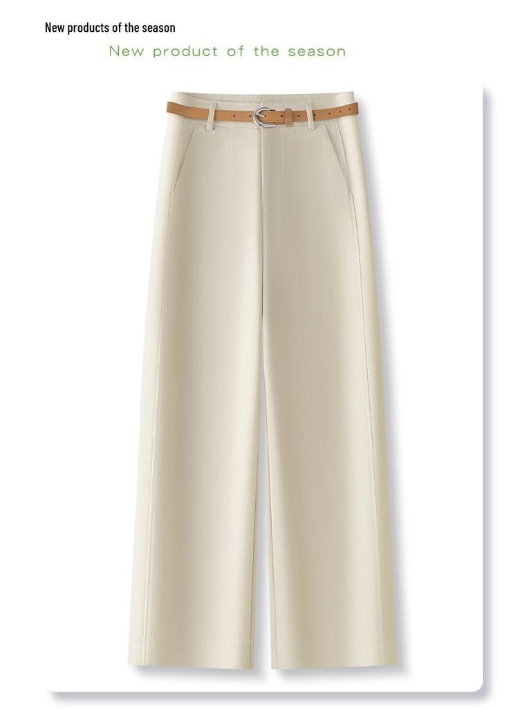 Women's Beige Tencel Cotton High Waist Wide Leg Pants - Slimming Petite Nine-Point for Spring and Autumn 2025