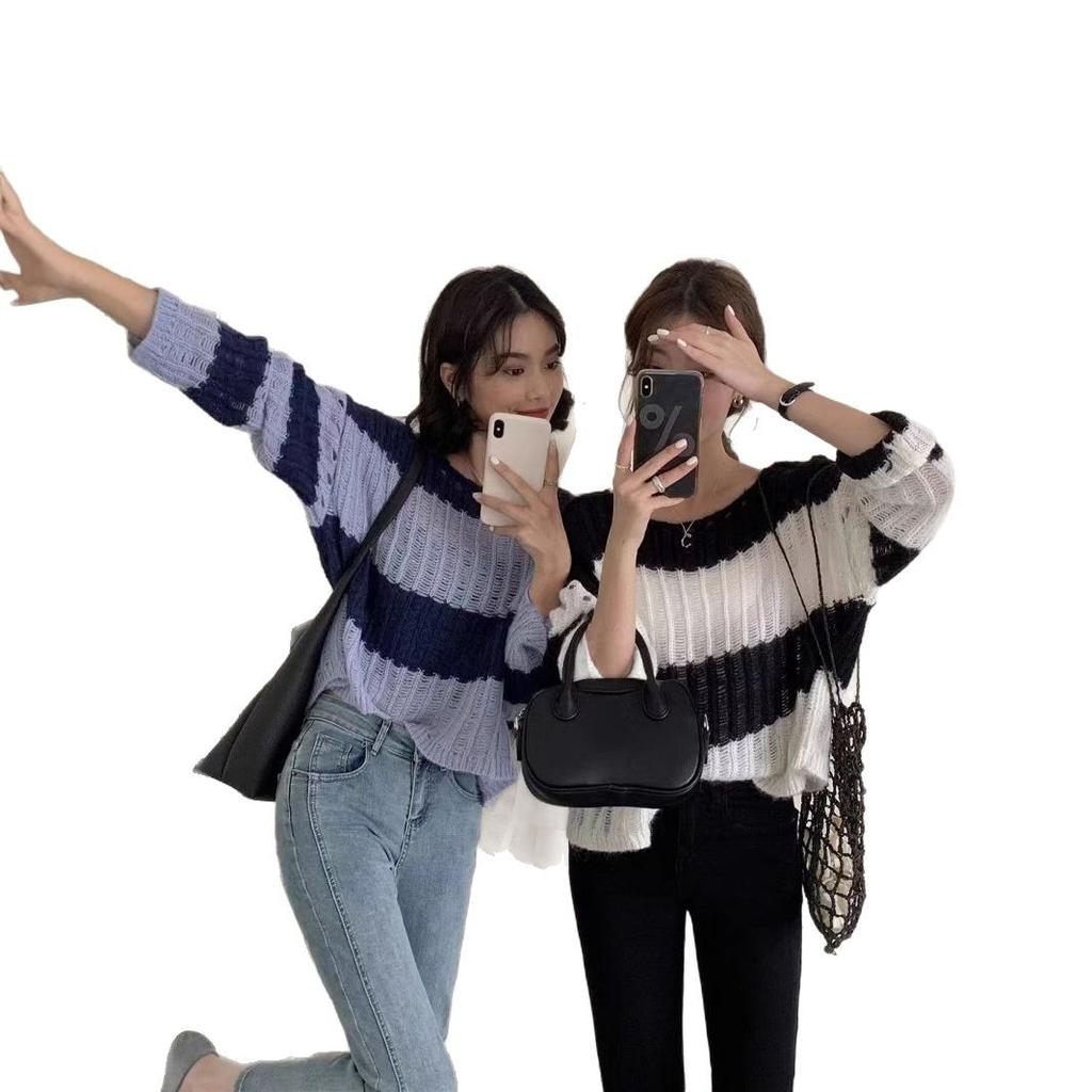Splicing Design Sense Niche Loose Stripes Hollow Knitted Sweater Women's Spring and Summer Sweet and Gentle Sunscreen Sweater Long-sleeved Top