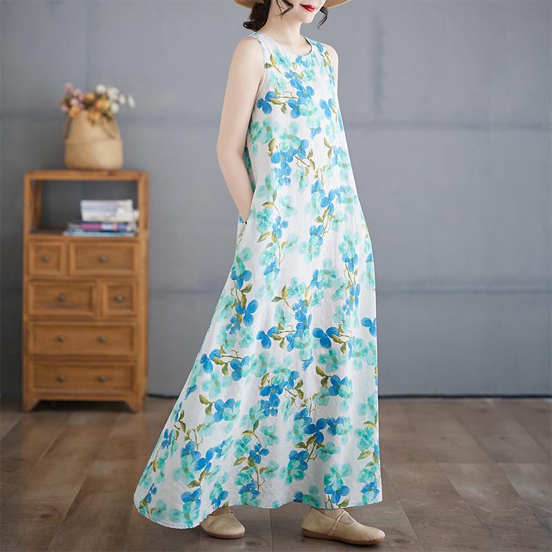 DIMANAF 2025 Women Linen Summer Flower print Dress Casual Ladies Basic Long Dress 8087
