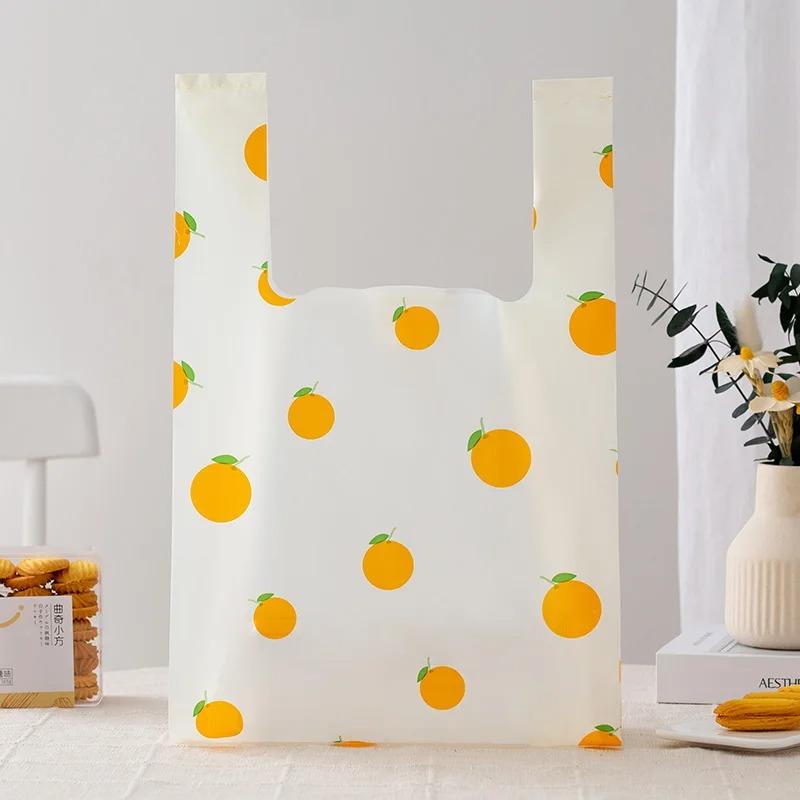50pcs Disposable Peach Fruit Pattern Hand Bag Packaged Flower Takeaway Bags Snack Double Ear Plastic Vest Handle Shopping Pouch