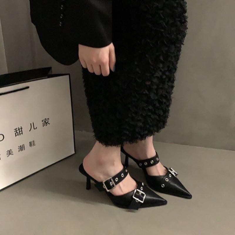 New Popular Punk Goth Metal Buckle High Heels Women's Sandals Summer Pointed Toe Silver Party Shoes Women's Pumps Shoes