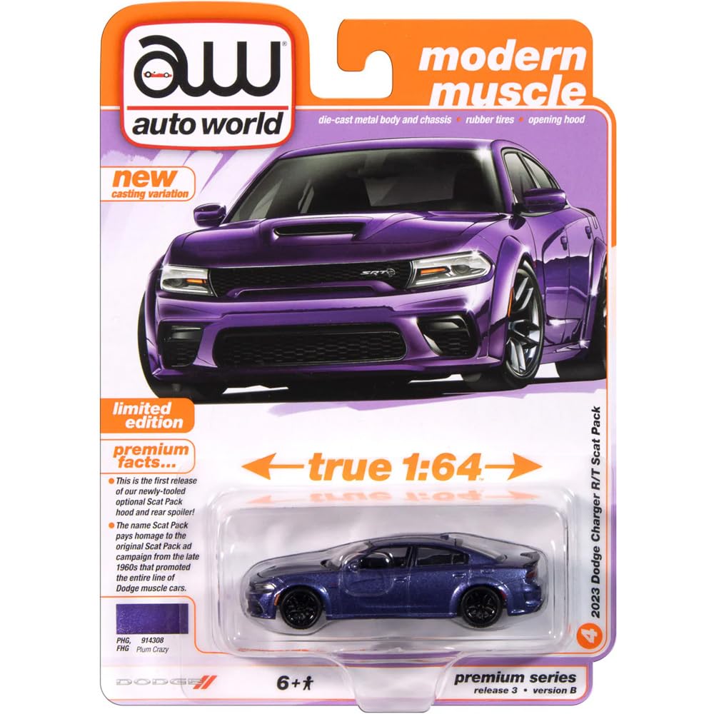

auto world - 1/64 scale PREMIUM RELEASE 3 2023 DODGE CHARGER R/T SCAT PACK (PLUM CRAZY) AW64452B-04