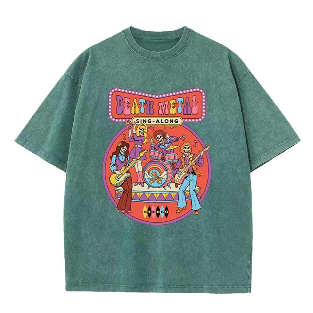 2026 Summer Women Death Metal Print Washed T Shirt Distressed Soft Loose Breathable Short Sleeve Punk Trend Casual Streetwear To