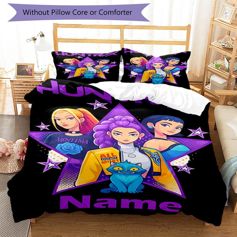 3pcs Custom Name KPop Demon Hunters Bedding Set Duvet Cover Closure Includes 1 Duvet Cover & 2 Pillowcases, Soft and Comfortable for All Seasons.