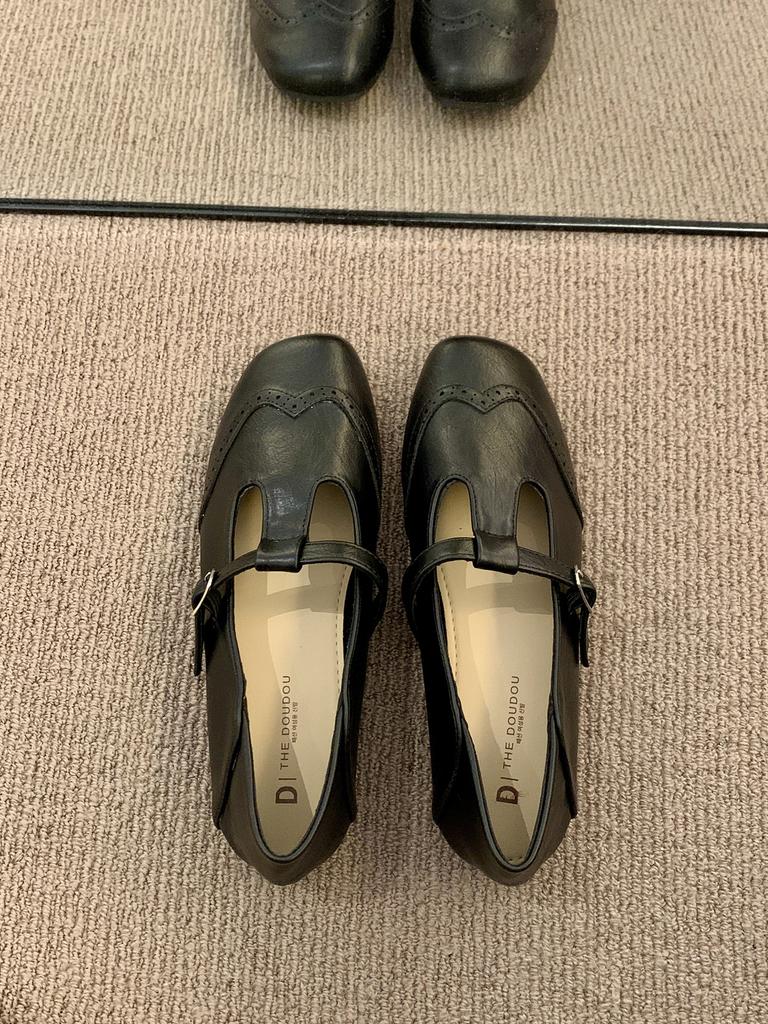 THEDOUDOU Korean Version Retro Black Small Leather Shoes Women's 2025 Autumn Flat Bottom Shallow Mouth Single Shoes Flat Bottom Mary Jane
